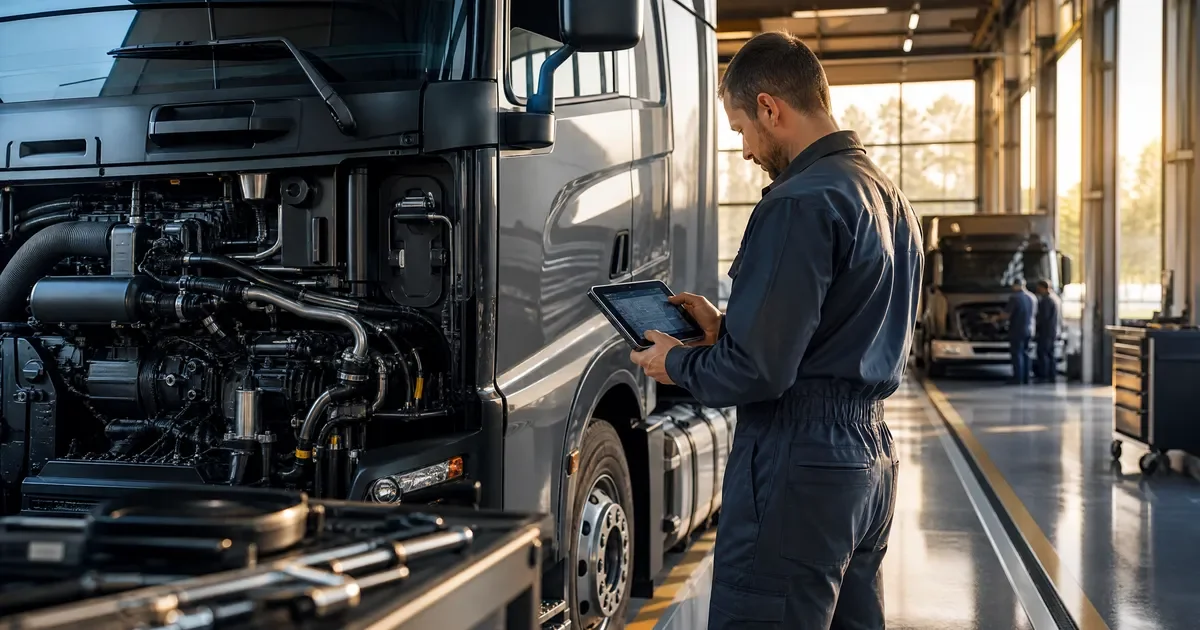 Fleet of commercial trucks parked in a lot for downtime management