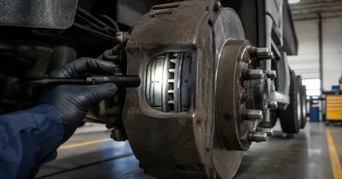 Semi truck air disc brake caliper and rotor inspection