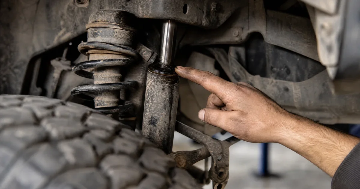Semi truck suspension inspected for wear and damage signs