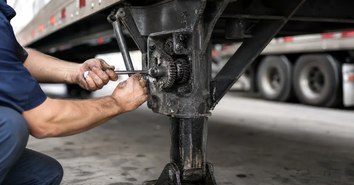 Trailer landing gear legs inspected for bending and damage