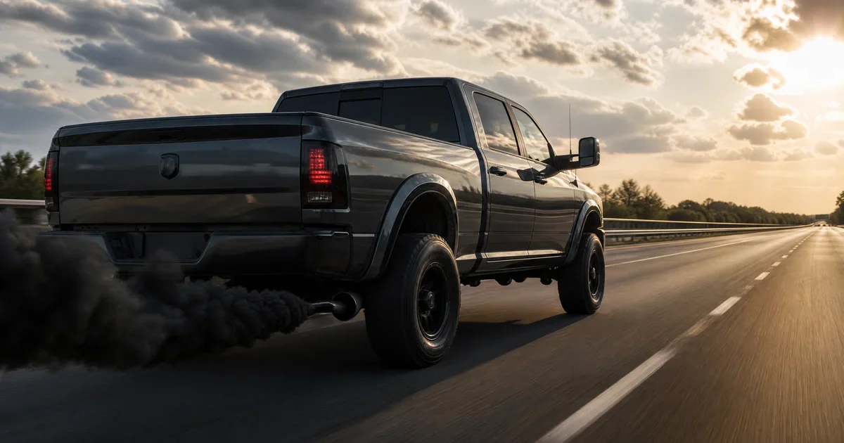 Diesel truck exhaust blowing black smoke on acceleration