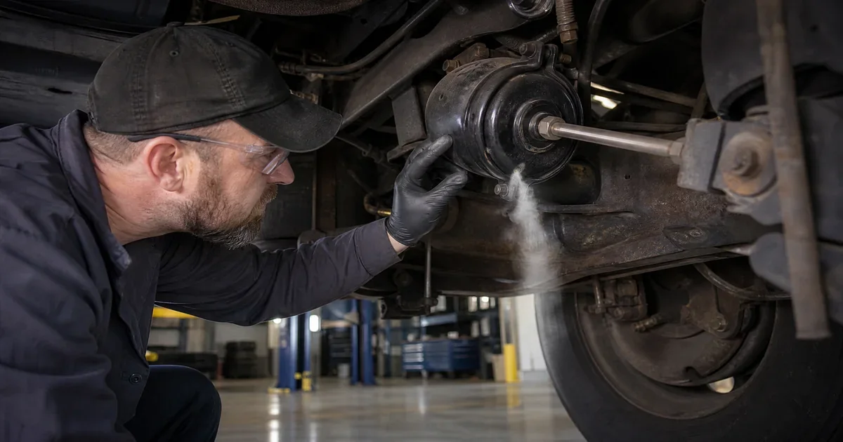 Brake chamber leaking air from hole on semi truck wheel end