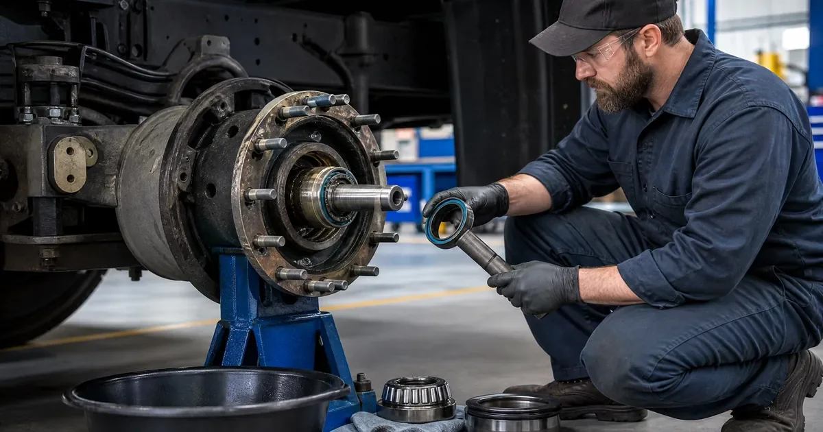 Wheel seal replacement on semi truck hub showing step by step process